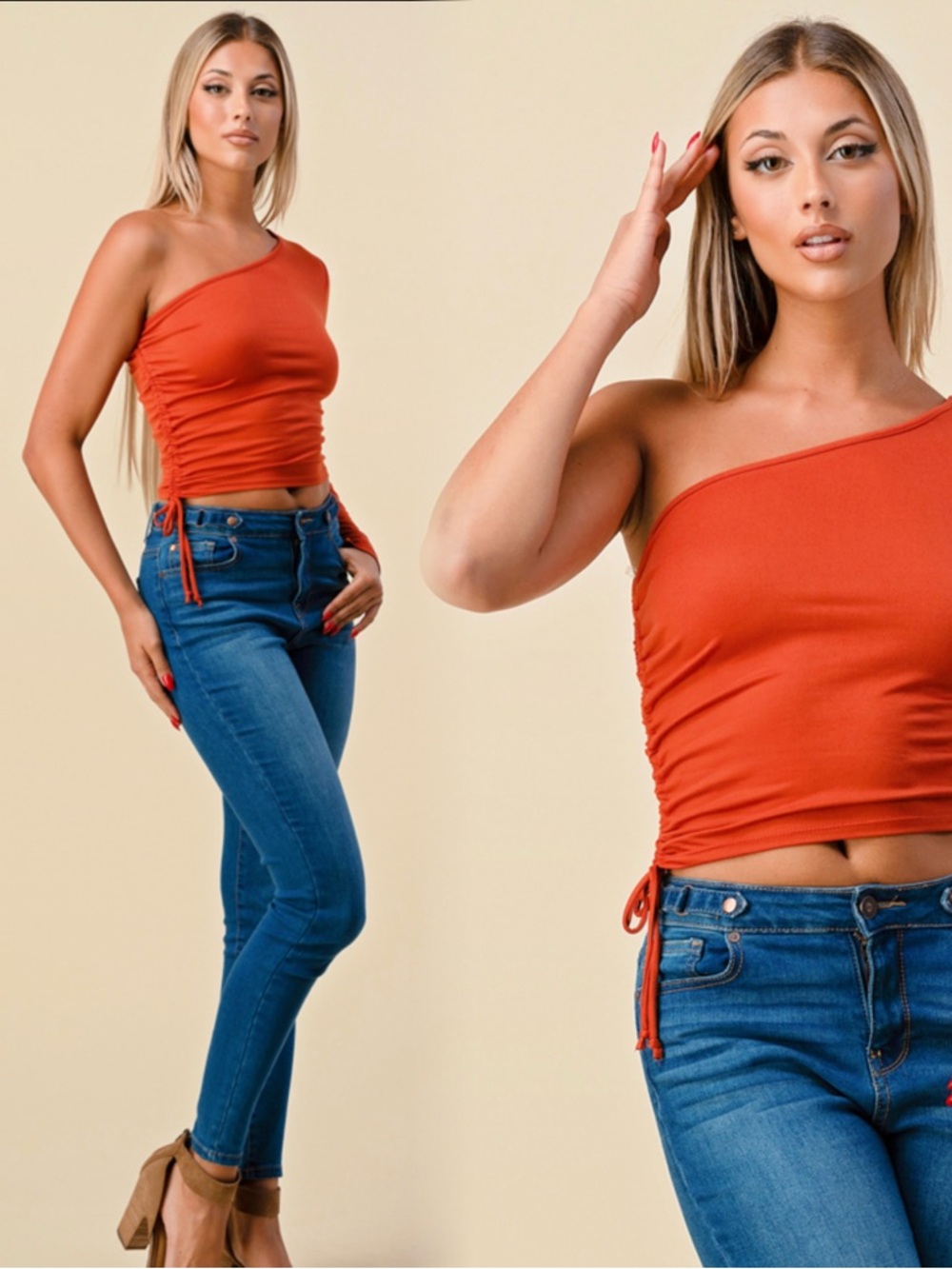 HEART & HIPS One-Shoulder Long-Sleeve Crop Top - Rust Orange - Picture 4 of 10